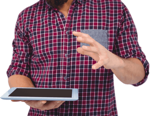 Transparent photo with man's hands holding digital tablet in plaid shirt