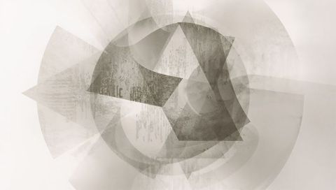 Layering Muted Geometric Forms with Translucent Rings and Distressed Texture for Modern Abstract Bac