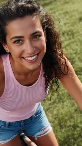 Young woman cycling through sunlit field smiling and pedaling bicycle on country path vertical video