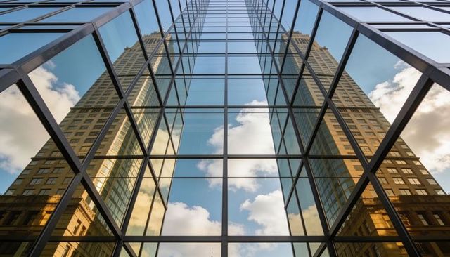 Symmetrical glass curtain wall reflecting twin towers and blue sky from street perspective