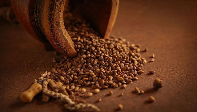 Overturned terracotta jar spilling whole grain kernels on rustic brown tabletop with twine