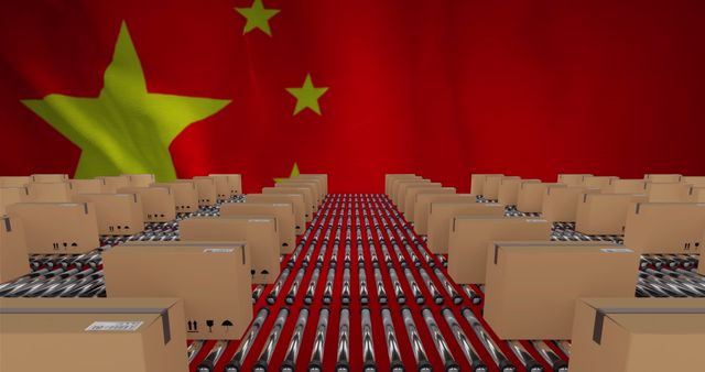 Cardboard Boxes on Conveyor Belt Against Flag of China - Download Free Stock Images Pikwizard.com