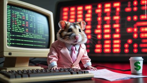 Hamster finance guru analyzing stock ticker in office