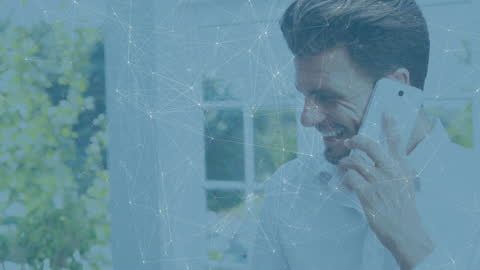 Smiling Professional Discussing Business on Smartphone with Digital Network Overlay