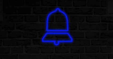Neon Blue Bell Glowing Against Dark Brick Background