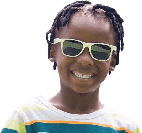 Smiling child with white sunglasses on transparent background