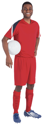 Confident football player holding soccer ball in red uniform transparent background