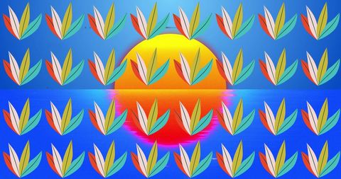 Retro Futurism Sun and Sea with Repeating Plants Design