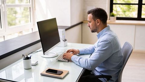 Man typing on desktop computer at modern sunlit office desk with smartphone and notepad