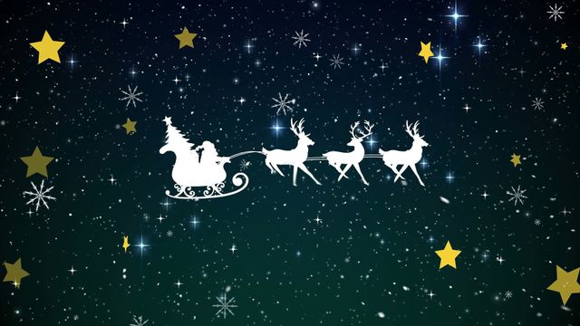 Enchanting animation depicts Santa Claus in his sleigh being pulled by reindeers against a backdrop of falling snow and stars. Ideal for holiday greeting cards, festive advertisements, Christmas story animations, and holiday-themed marketing materials.