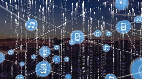 Digital Network with Data Streams and Icons Overlaying Cityscape
