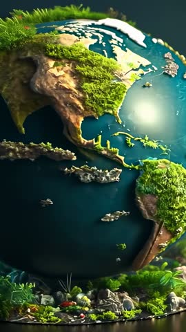 Vertical rotating Earth globe with moss and stone ring for ecology video