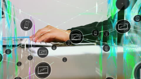 Digital Network Connections with Hands Typing on Laptop