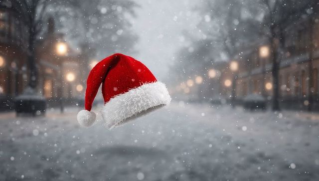 Floating Santa Hat over Snowy Urban Avenue with Warm Bokeh Street Lights and Falling Snow