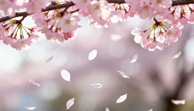 Blooming Cherry Blossom Branch Scattering Pink Petals with Soft Bokeh Spring Light