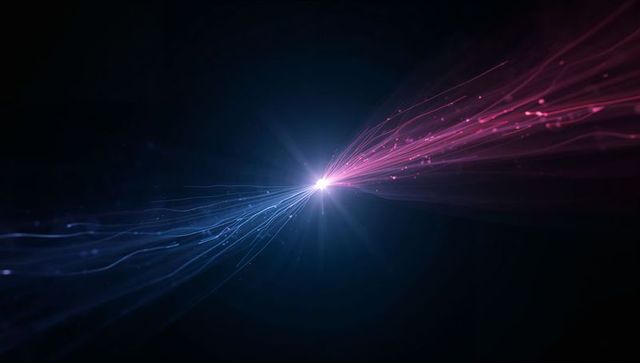 Converging light burst emitting blue ribbons and magenta streaks on dark cosmic backdrop