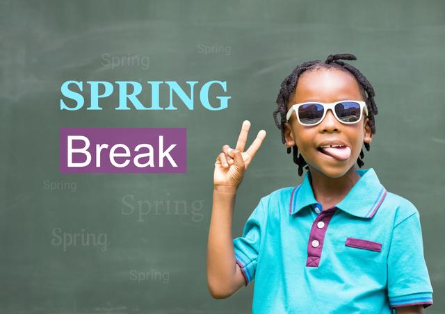 Digital composite image of schoolboy wearing sunglasses and gesturing with spring break text against chalkboard
