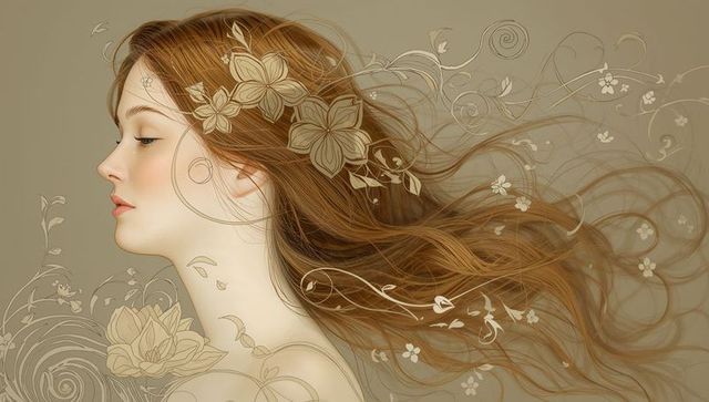 Elegant female profile with flowing hair and floral detailing