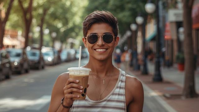 Smiling young man holding iced coffee on tree-lined urban street wearing sunglasses