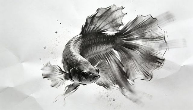 Monochrome betta fish swimming on creased paper charcoal and graphite sketch with splatter