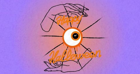 Dripping eyeball framed by sketch hands with happy halloween script on purple gradient grunge