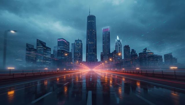 Leading elevated road sending neon rainy light trails toward glowing central tower at dusk