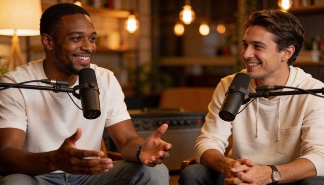 Two diverse podcast hosts chatting in cozy studio with microphones and warm bokeh lighting
