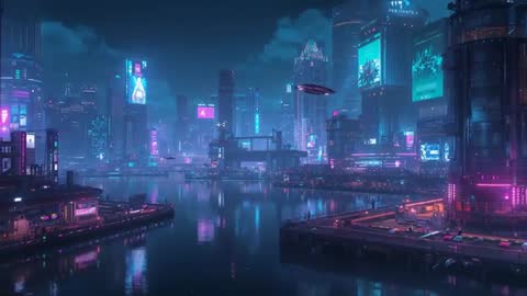 Hovercraft Gliding Through Neon Harbor Canal in Cyberpunk Skyline Nightscape