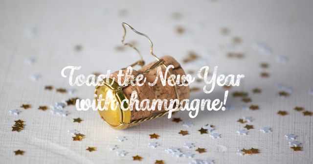Champagne cork surrounded by shimmering confetti, representing the celebratory spirit of New Year's festivities. Ideal for greeting cards, party invitations, advertising for New Year events, and festive promotion materials.