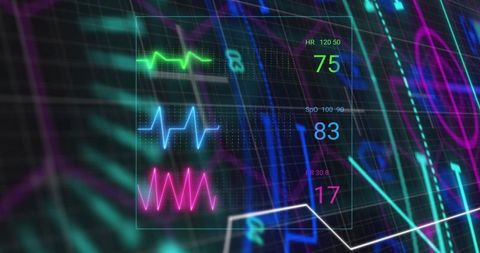 Futuristic health dashboard displaying neon ecg traces and glowing biometric readouts