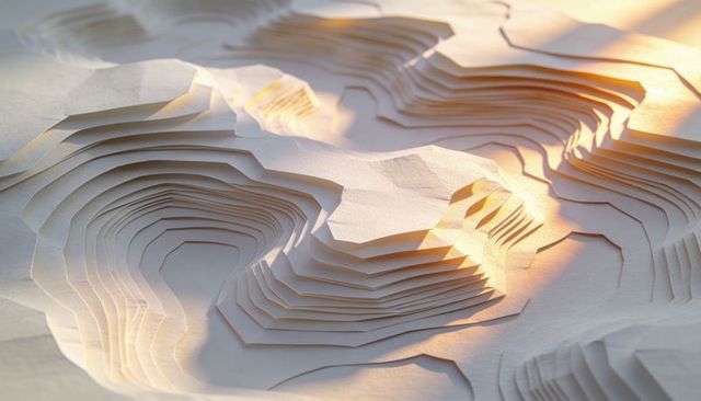Layered Paper Topography Under Warm Light, Terraced Contour Model for Design