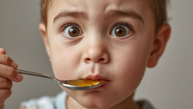 Wide-eyed toddler tasting egg yolk on spoon closeup portrait of curious child