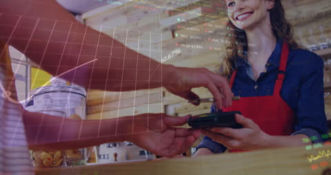 Customer Using Contactless Payment with Stock Market Overlay