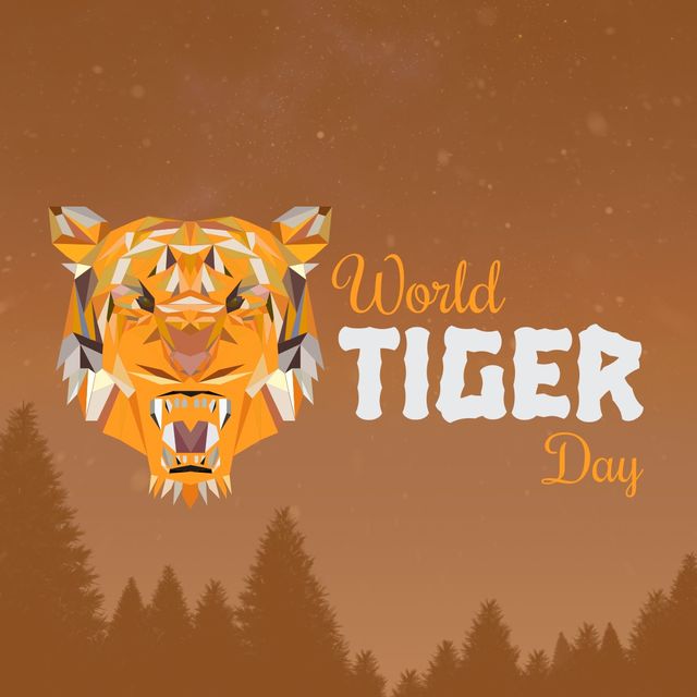 Illustration of world tiger day text by tiger face against brown background with sky, copy space. digital composite, wild animal, awareness, endangered, wild cat.