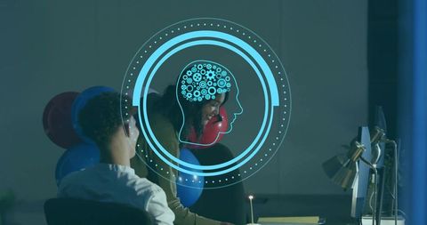 Colleagues collaborating with ai brain overlay in office, reviewing work and celebrating