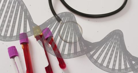 DNA Strand with Blood Samples and Stethoscope for Medical Research