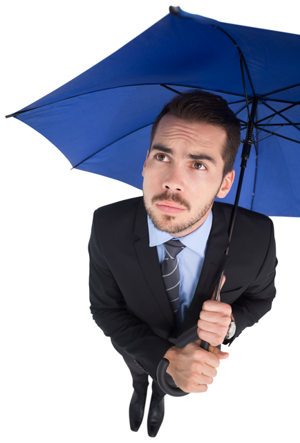 Transparent anxious businessman holding blue umbrella looking up - Download Free Stock Videos Pikwizard.com