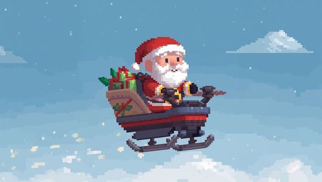 Pixel art santa steering sleigh through blue sky with gift sack and presents