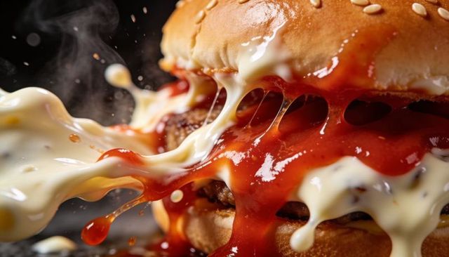 Sesame bun burger dripping stringy melted cheese and spicy red sauce, macro steam action