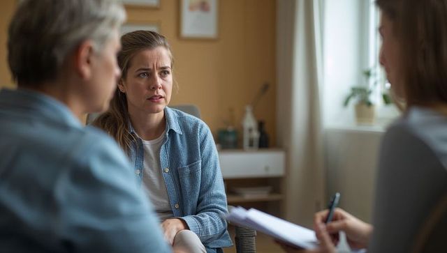 Woman Receiving Emotional Support During Therapy Session, Counselor Taking Notes