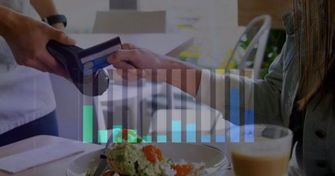 Contactless Payment in Trendy Cafe with Digital Graph Overlay