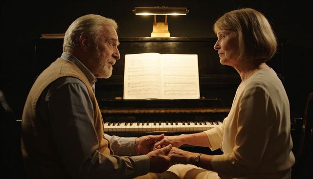 Senior couple holding hands at upright piano, warm intimate moment of long-term love