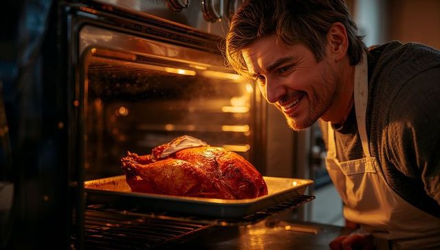 Smiling man checking golden roasted turkey in warm oven glow for holiday dinner
