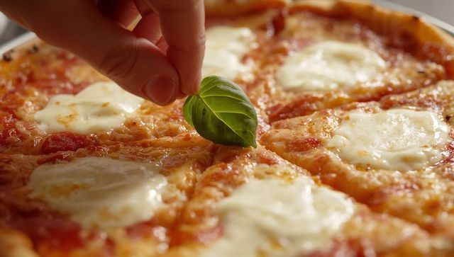 Hand placing fresh basil leaf on margherita pizza with melted mozzarella closeup, garnish
