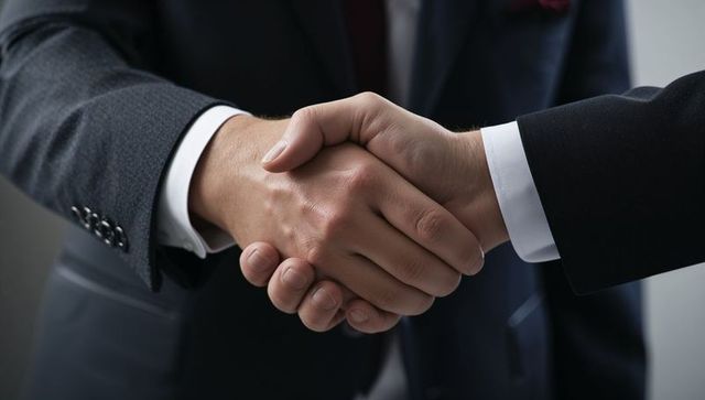 Business partners shaking hands sealing corporate agreement in dark suits