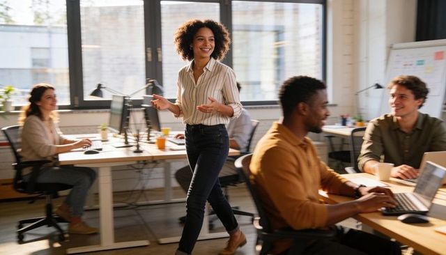 Confident woman leading team in sunlit open office, walking and engaging with coworkers