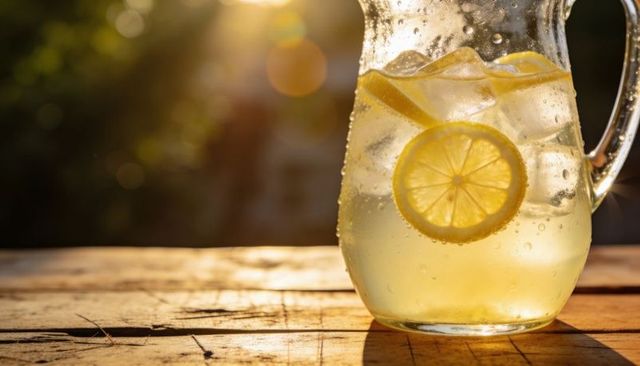 Sunlit pitcher of lemonade with lemon wheels and ice on rustic wooden table