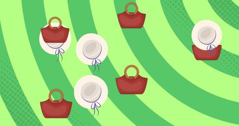 Falling bags and hats on green striped background