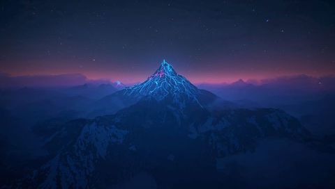 Neon-veined alpine peak at twilight with magenta summit glow and starry indigo sky