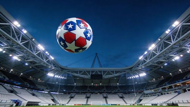 Hovering tricolor soccer ball glowing above empty stadium under night floodlights patriotic